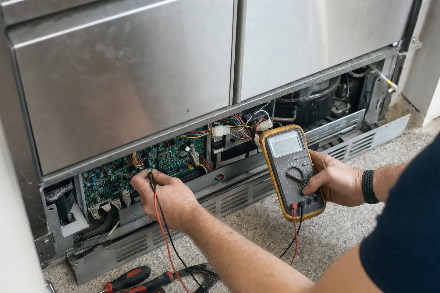 Multimeter probes on an exposed control board behind the lower grille of a stainless refrigerated cabinet