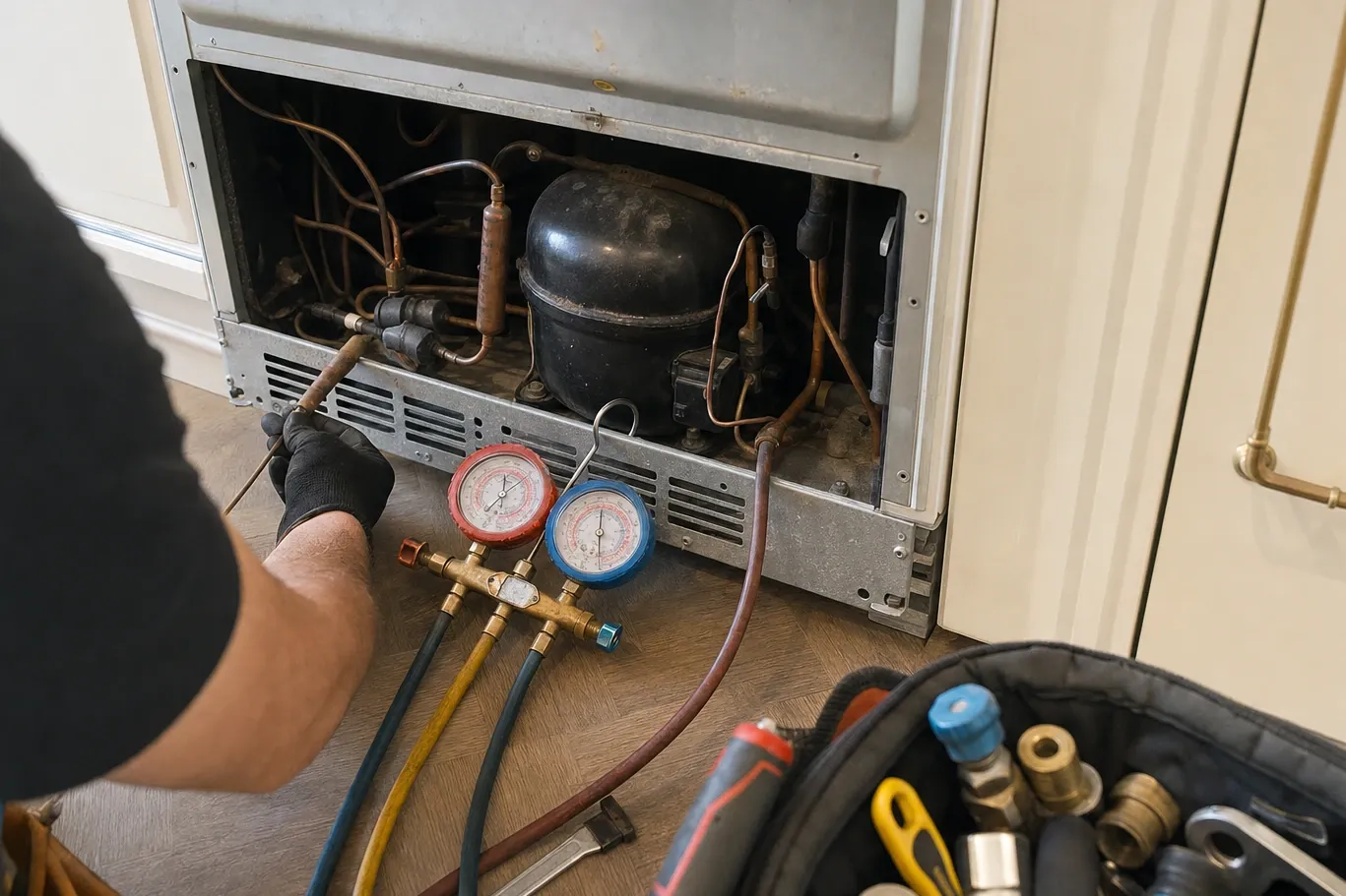 Gloved hand with manifold gauges at the open machine compartment of a built-in unit, tool bag alongside