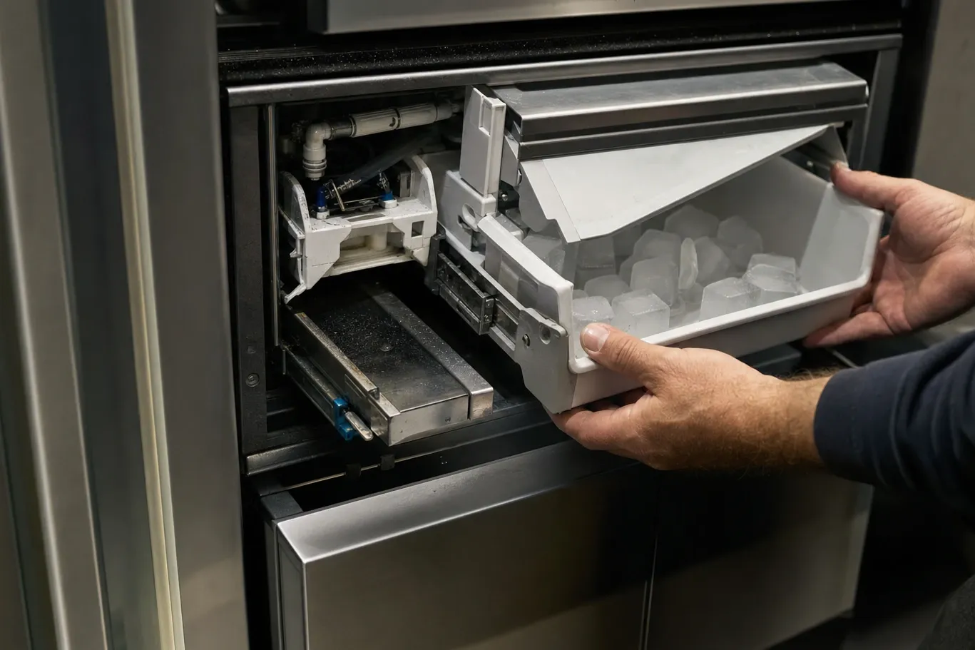 Hands sliding a bin of ice cubes out of a stainless built-in freezer drawer, ice maker mechanism behind